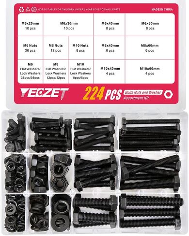 YEEZET 224PCS M6 M8 M10 Heavy Duty Bolts and Nuts Assortment Kit Includes 8 Most Common Sizes Alloy Steel Grade 8.8 in Saudi Arabia