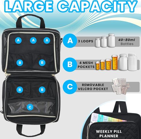 Pill Bottle Organizer Bag with Shoulder Strap, Premium Large Padded Medicine Bag for Traveling, Medication Organizer Storage Bag for Pills, Travel Bag for Medications, Pill Bottle Organizer Storage in Saudi Arabia