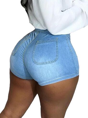 Women's Solid High Waist Straight Leg Zipper Roll Up Hem Denim Skinny Shorts in Saudi Arabia