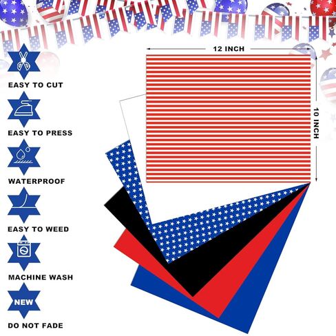 فينيل نقل الحرارة الوطني، 4 يوليو HTV حديد على الفينيل، لملابس عيد الاستقلال زي صناعة النسيج DIY (6 ورقات) in Kuwait