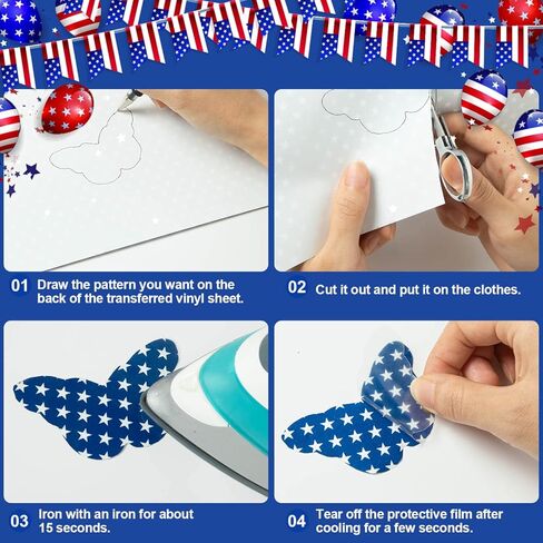 فينيل نقل الحرارة الوطني، 4 يوليو HTV حديد على الفينيل، لملابس عيد الاستقلال زي صناعة النسيج DIY (6 ورقات) in Kuwait