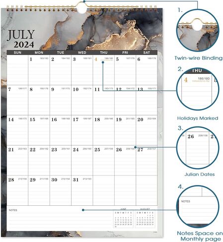 Calendar 2024-2025 - Wall Calendar 2024-2025, 12" x 17", July 2024 - December 2025, 2024-2025 Wall Calendar with Julian Dates - Black Waterink in Saudi Arabia