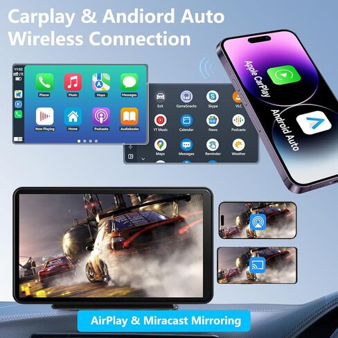 شاشة Apple Carplay & Android Auto محمولة مقاس 7 بوصات للسيارة، شاشة لمس لاسلكية لتشغيل السيارة، ملاحة GPS، وصلة مرآة، بلوتوث، لجميع المركبات in Kuwait