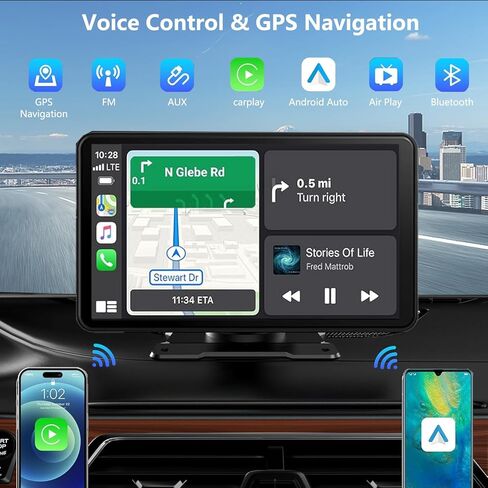 شاشة Apple Carplay & Android Auto محمولة مقاس 7 بوصات للسيارة، شاشة لمس لاسلكية لتشغيل السيارة، ملاحة GPS، وصلة مرآة، بلوتوث، لجميع المركبات in Kuwait