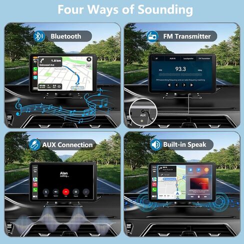 شاشة Apple Carplay & Android Auto محمولة مقاس 7 بوصات للسيارة، شاشة لمس لاسلكية لتشغيل السيارة، ملاحة GPS، وصلة مرآة، بلوتوث، لجميع المركبات in Kuwait