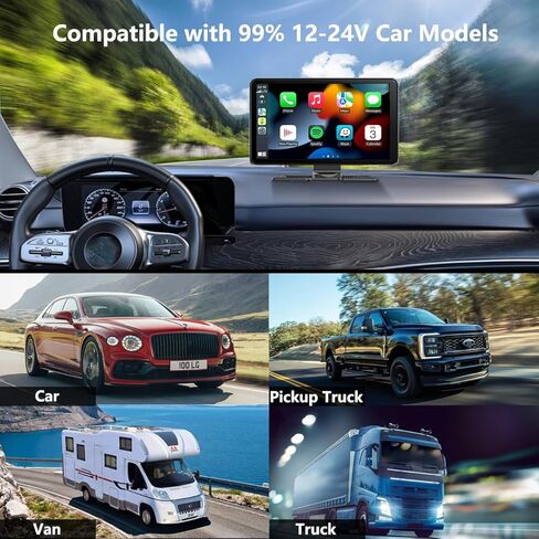 شاشة Apple Carplay & Android Auto محمولة مقاس 7 بوصات للسيارة، شاشة لمس لاسلكية لتشغيل السيارة، ملاحة GPS، وصلة مرآة، بلوتوث، لجميع المركبات in Kuwait