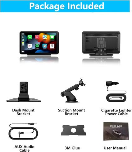 شاشة Apple Carplay & Android Auto محمولة مقاس 7 بوصات للسيارة، شاشة لمس لاسلكية لتشغيل السيارة، ملاحة GPS، وصلة مرآة، بلوتوث، لجميع المركبات in Kuwait