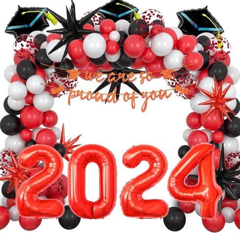 2024 حفلة التخرج الديكور 117 قطعة لوازم الحفلات أحمر أسود مع راية احباط ستار قبعة النثار اللاتكس طوق من البالونات فئة 2024 in Kuwait