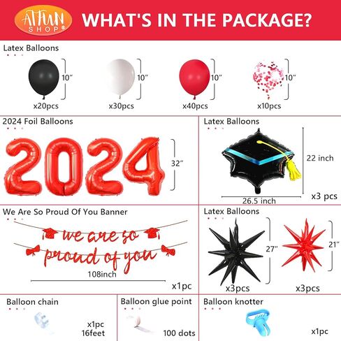 2024 حفلة التخرج الديكور 117 قطعة لوازم الحفلات أحمر أسود مع راية احباط ستار قبعة النثار اللاتكس طوق من البالونات فئة 2024 in Kuwait