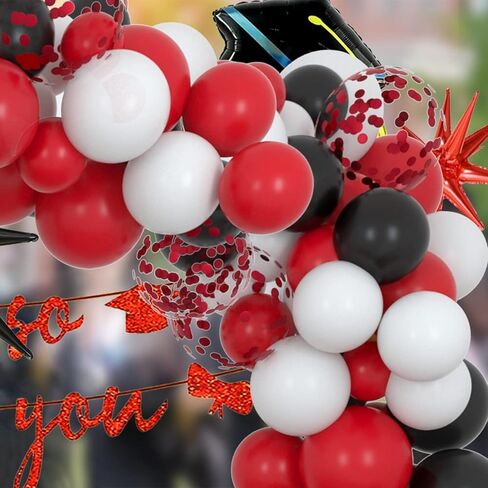 2024 حفلة التخرج الديكور 117 قطعة لوازم الحفلات أحمر أسود مع راية احباط ستار قبعة النثار اللاتكس طوق من البالونات فئة 2024 in Kuwait