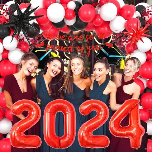 2024 حفلة التخرج الديكور 117 قطعة لوازم الحفلات أحمر أسود مع راية احباط ستار قبعة النثار اللاتكس طوق من البالونات فئة 2024 in Kuwait