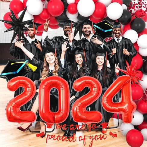 2024 حفلة التخرج الديكور 117 قطعة لوازم الحفلات أحمر أسود مع راية احباط ستار قبعة النثار اللاتكس طوق من البالونات فئة 2024 in Kuwait