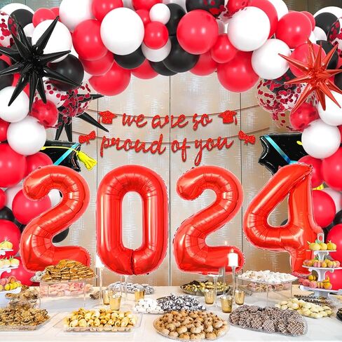 2024 حفلة التخرج الديكور 117 قطعة لوازم الحفلات أحمر أسود مع راية احباط ستار قبعة النثار اللاتكس طوق من البالونات فئة 2024 in Kuwait