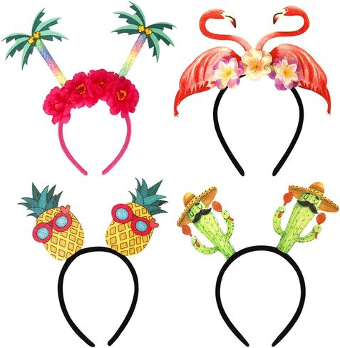 مجموعة رأس حفلات هاواي، طوق شعر صيفي للشاطئ مع شجرة النخيل اللامعة، تصميم فلامنغو والأناناس والصبار، عصابة رأس استوائية، 4 قطع متعددة الألوان in Kuwait