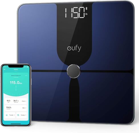 eufy من Anker، مقياس ذكي P1 مع بلوتوث، مقياس دهون الجسم، ميزان حمام رقمي لاسلكي، 14 قياسًا، الوزن/دهون الجسم/مؤشر كتلة الجسم، تحليل تكوين الجسم للياقة البدنية، أسود/أبيض، رطل/كجم. in Kuwait
