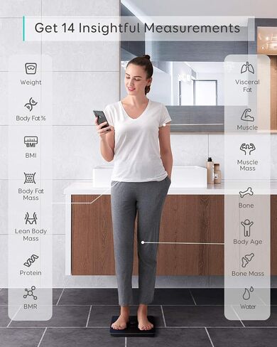 eufy من Anker، مقياس ذكي P1 مع بلوتوث، مقياس دهون الجسم، ميزان حمام رقمي لاسلكي، 14 قياسًا، الوزن/دهون الجسم/مؤشر كتلة الجسم، تحليل تكوين الجسم للياقة البدنية، أسود/أبيض، رطل/كجم. in Kuwait
