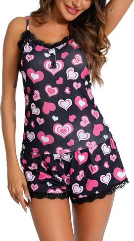 ENJOYNIGHT Women's Pajamas Set Sexy Lace Trim PJS Set Print Cami Top and Shorts Sleepwear in Saudi Arabia