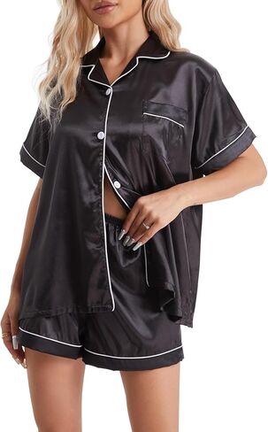 طقم بيجامة من الساتان والحرير للسيدات مكون من قطعتين ملابس نوم ناعمة وأكمام قصيرة أطقم صالة بأزرار سفلية مجموعة سراويل قصيرة Pjs مع جيوب in Kuwait