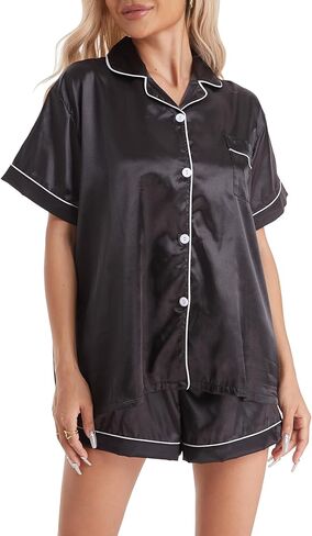 طقم بيجامة من الساتان والحرير للسيدات مكون من قطعتين ملابس نوم ناعمة وأكمام قصيرة أطقم صالة بأزرار سفلية مجموعة سراويل قصيرة Pjs مع جيوب in Kuwait