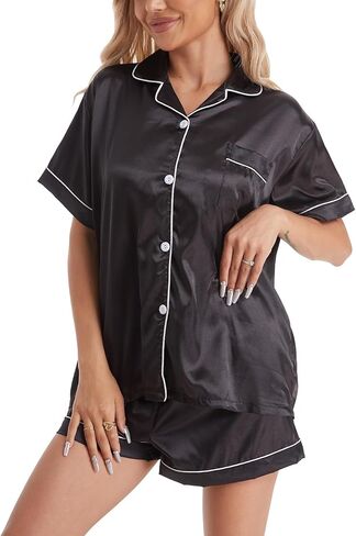 طقم بيجامة من الساتان والحرير للسيدات مكون من قطعتين ملابس نوم ناعمة وأكمام قصيرة أطقم صالة بأزرار سفلية مجموعة سراويل قصيرة Pjs مع جيوب in Kuwait