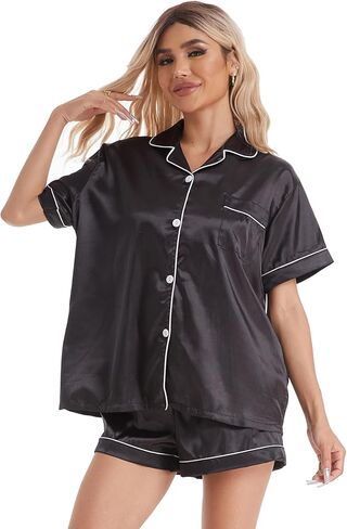 طقم بيجامة من الساتان والحرير للسيدات مكون من قطعتين ملابس نوم ناعمة وأكمام قصيرة أطقم صالة بأزرار سفلية مجموعة سراويل قصيرة Pjs مع جيوب in Kuwait