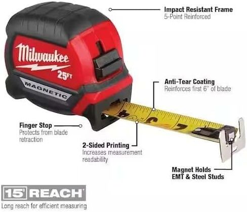Milwaukee 25 ft. x 1-1/16 in. Compact Magnetic Tape Measure with 15 ft. Reach (2-Pack)… in Saudi Arabia