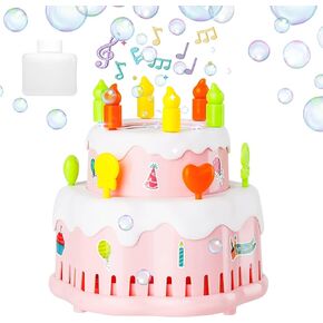 Bubble Machine, Automatic Birthday Cake Bubble Maker Blower with Solution for Kids Toddlers Outdoor Indoor Play Easter Party, Toy Gift for Little Boys Girls (Pink)
