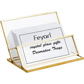 Feyarl Glass Horizontal Business Card Holder Slant Business Name Card Stand Clear Gold Desktop Name Card Display Organizer Storage for Office Exhibition Countertop (Gold)
