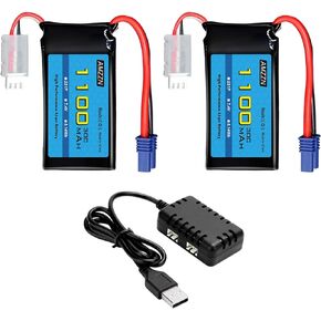 7.4V 1100mAh 2S Lipo Battery with EC2 Plug and 2-in-1 Charger for UTB18 RC Car, 4WD Unlimited Off-Road High-Performance Climbing Vehicle Battery Accessories (2PCS Battery+2-in-1 Charger)