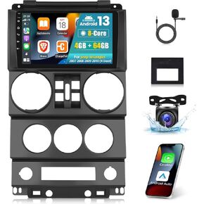 [4G+64G] 8 Core Car Radio for Jeep Wrangler 2007 2008 2009 2010 (4 Door) - Android 13 Touch Screen Wrangler Stereo, DSP 32 EQ/IPS/Carplay/Android Auto/SWC/BT/WiFi + AHD Backup Camera