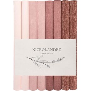 NICROLANDEE 8 Rolls Rose Gold Premium Crepe Paper Rolls for DIY Gift Wrapping Paper Crafts Birthday Wedding Holiday Paper Flower, 20 inches Wide by 6.56 ft Long, 4 Colors