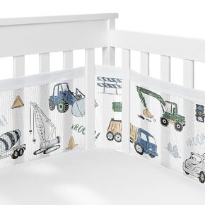 Sweet Jojo Designs + BreathableBaby Green Blue Construction Truck Boy Breathable Mesh Crib Liner Baby Infant Grey Transportation Zone Vehicles Bulldozer Cement Crane Tractor Black White