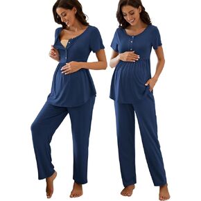 Women's Maternity Nursing Pajama Set Breastfeeding Loungewear Mama Clothes Short Sleeve Top & Pants Pregnancy PJS in Kuwait