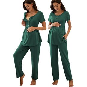 Women's Maternity Nursing Pajama Set Breastfeeding Loungewear Mama Clothes Short Sleeve Top & Pants Pregnancy PJS