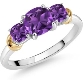 Gem Stone King 925 Sterling Silver and 10K Yellow Gold Purple Amethyst 3 Stone Engagement Ring For Women (1.55 Cttw, Cushion Cut 6MM and 4MM, Available In Size 5, 6, 7, 8, 9)