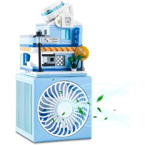 QearFun Small Desk Fan,USB Rechargeable Battery,Cute Building Blocks City Street Fan for Kids with 3 Speeds Strong Wind,DIY Creative Model Set for Desktop/Home/Offic-Blue Coffee House
