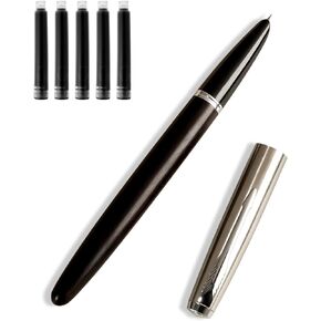 Wooden Fountain Pen with Bent Nib, Lightweight Classic-Designed Fude Pen for Calligraphy, Art Drawing and Smooth Writing, Includes 5 Black Ink Cartridges, Ink Refill Converter, Gift Box
