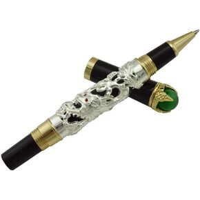 قلم Jinhao Vintage Dragon Roller Ball باللون الرمادي والأحمر لكتابة المجلات ومذكرات السفر مع حقيبة القلم والمجوهرات في الأعلى قلم ثقيل