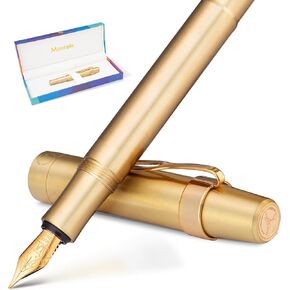 EDC Luxury Fountain Pen,Schmidt 18K Gilded Nib(Fine), Full Brass Pen Body,24k Gilded Pen Clip,Heavy Pocket Pen,Best Pen for Men, Women,Fancy Gift box,Converter,Executive,Nice Designer Pen Set