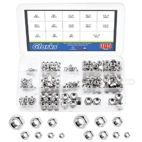 Glarks 305Pcs 14 Sizes Metric & SAE Hex Nuts Assortment Kit 304 Stainless Steel M2 M2.5 M3 M4 M5 M6 M8 and #2-56#4-40#6-32#8-32#10-24 1/4"-20 5/16"-18 Hex Nuts for Screw Bolt
