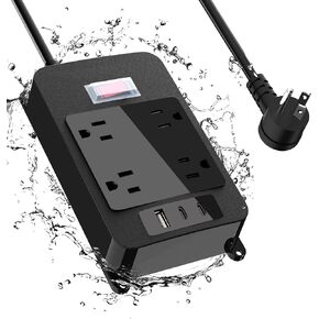 Outdoor Power Strip with USB C, Heavy Duty Waterpoof Surge Protector with 4 Outlets, 2 USB C Ports, 6ft Flat Plug Extension Cord Wall Mount for Bathroom, Kitchen