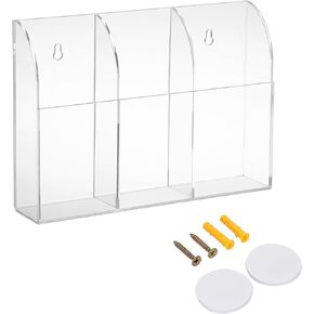 BTSKY Acrylic Dry Erase Marker Holder, 8x1.6x5.6 Inch Wall Remote Holder, Pen Holder for Wall, Clear Wall Mount Storage Box with 3 Compartments for Whiteboard, Fridge, Locker Makeup Brush