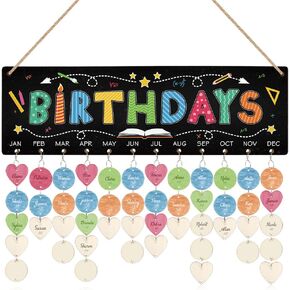 TOARTi Colorful Birthday Calendar Wall Hanging (16''x5''), DIY Birthday Tracker Calendar Board with 100pcs Wood Tags, Cute Calendar Reminder Plaque for Classroom School Kindergarten Birthday Gift