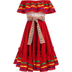 IMEKIS Toddler Kids Girl Mexican Dress Traditional Embroidered Floral Ethnic Wear Fiesta Dresses Birthday Outfit 4-10T