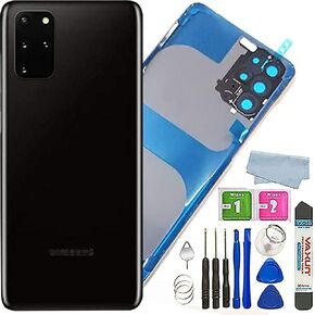 غطاء زجاجي خلفي لهاتف Galaxy S20+ مع عدسة كاميرا وشريط بديل مثبت مسبقًا لهاتف Samsung Galaxy S20 Plus/S20+ 6.7 بوصة (أسود كوني)