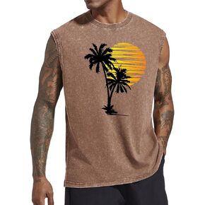Mens Tank Tops Beach Sleeveless Workout Gym Shirts Palm Tree Vintage Style Acid Wash Sport T-Shirt Hawaii Vacation