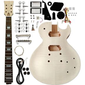 sdwutong DIY Unfinished 6 String Electric Guitar Kit Lp Style with Flamed maple Veneer Mahogany Body Mahogany Neck Composite Ebony Fretboard with All Accessories