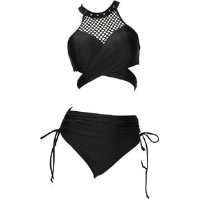 Meowcos Women's Bikini Sets Gothic Bathing Suit Fishnet Designed Two Piece Swimsuit