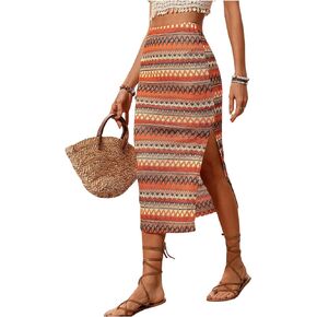 MakeMeChic Women's Boho Geo Print Summer Skirts High Waist Split Midi Skirt