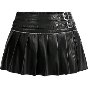 MakeMeChic Women's PU Leather Y2K Skirts Low Waisted Buckle Belted Pleated Mini Skater Skirts